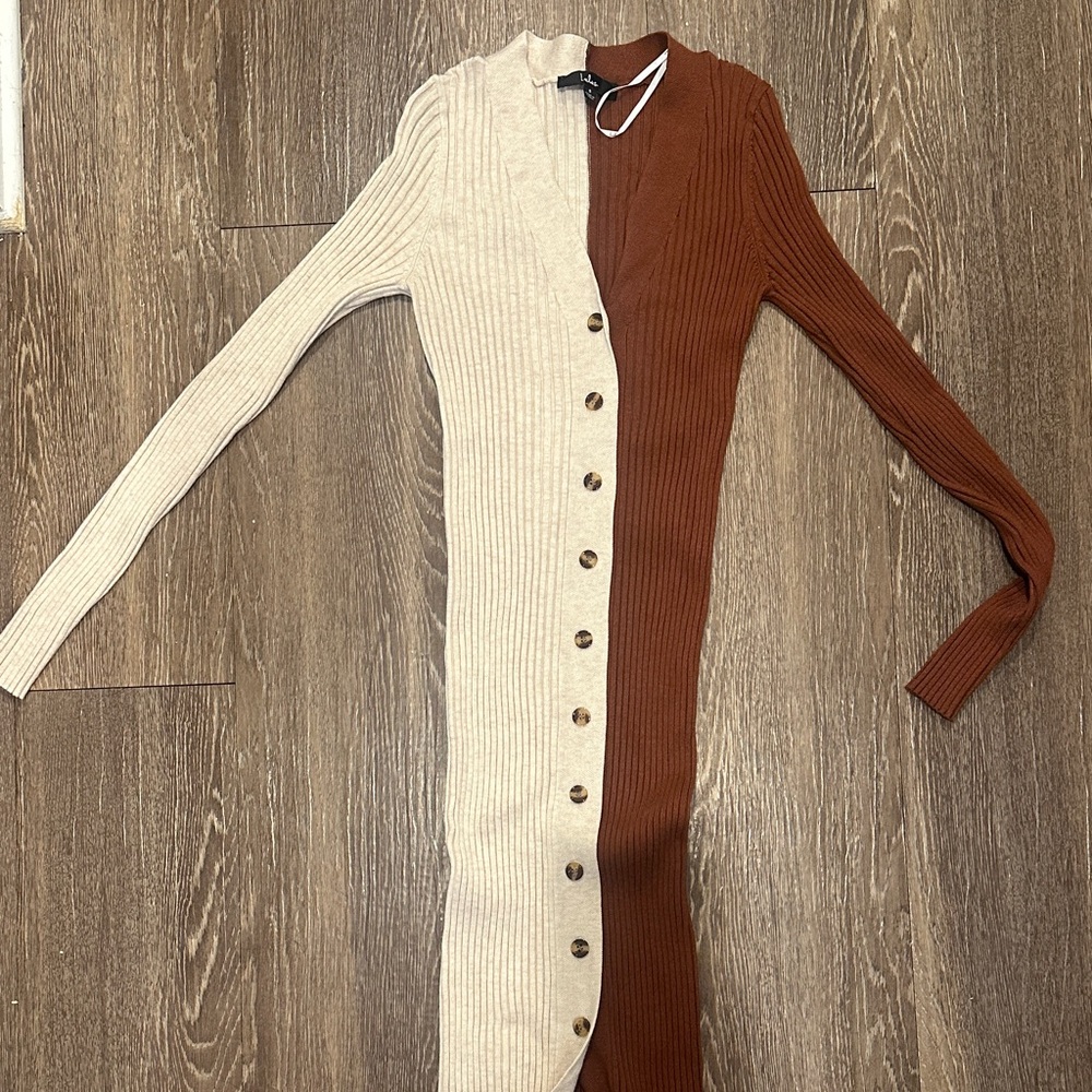 Lulu's Long Sleeve Two-Tone Knit Dress - Cream and Brown